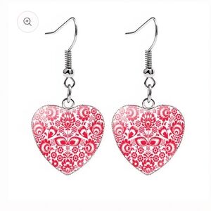 Heart-Shaped Folk Style Red and White Earrings
